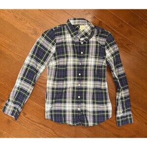 J.Crew Womens Small Plaid Button Down Shirt Navy Green Blue Long Sleeve Preppy